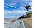 Exterior view of the beach with palm tree and building under a partly cloudy sky at 573 N Atlantic Ave # 5, New Smyrna Beach, FL 32169