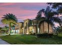 Stunning two-story home with beautiful stone accents and mature palm trees against a colorful dusk sky at 427 Egret Place Dr, Winter Garden, FL 34787
