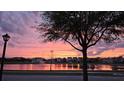Scenic exterior view of a lake neighborhood with a brilliant colorful sunset and trees in silhouette at 8643 Coventry Park Way, Windermere, FL 34786