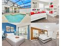 Multiple views showcasing this home's interior: pool, bunk beds, Primary bedroom, and guest bedroom at 1571 Plunker Dr, Davenport, FL 33896