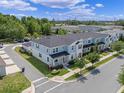 Aerial view of blue townhomes, showcasing the community layout, sidewalks, and parking areas at 1324 Painted Bunting Ave, Oakland, FL 34787