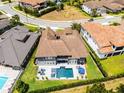 Aerial view of backyard pool and spa with outdoor seating and manicured landscaping at 3863 Grassland Loop, Lake Mary, FL 32746