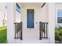 Close-up of the home's entrance highlighting the blue front door and covered porch at 5217 Passion Flower Way, Winter Garden, FL 34787