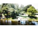 Picturesque lake view with dock, surrounded by mature trees and a lush green lawn at 2154 Lake Christie Dr, Orlando, FL 32809