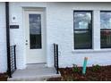 Close up of the front door of a new townhouse with a modern, minimalist design and black trim at 15483 Hamlin Park Drive, Winter Garden, FL 34787
