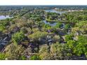 Scenic aerial shot showcasing a residential area with mature trees and a tranquil lake at 998 Piedmont Oaks Dr, Apopka, FL 32703