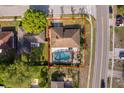 Aerial view of a home with a screened pool, enclosed backyard, and nearby street at 201 Twelve League Cir, Casselberry, FL 32707
