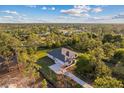 Aerial view of a modern home surrounded by lush greenery and trees with a spacious concrete driveway at 20446 Quinlan St, Orlando, FL 32833