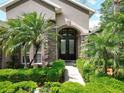 Elegant front door with decorative glass, flanked by stone accents and lush tropical landscaping at 2332 Pond Cove Way, Apopka, FL 32712