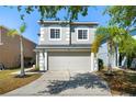 Light-gray home featuring manicured lawn with curb appeal, palm trees, and a two-car garage at 1415 Sherbourne St, Winter Garden, FL 34787