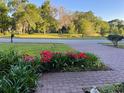 Quiet, tree-lined street view with well-maintained landscaping and brick-paved driveway; beautiful curb appeal at 3609 Azurite Ct, Deland, FL 32724
