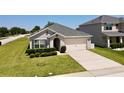 Traditional home with a two-car garage, manicured shrubs, and a well-kept lawn enhancing its curb appeal at 3702 Maidencain St, Clermont, FL 34714