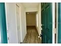 View of the bright entryway with a green front door and wood laminate flooring at 2607 Tulip Dr, Davenport, FL 33837