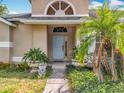 Close up of the front door area showing landscaped front yard and sky blue door at 2850 Tremont Dr, Eustis, FL 32726
