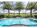 Gorgeous screened-in pool and spa overlooking the green golf course, enhanced by mature palm trees at 9895 Winnington St, Orlando, FL 32832