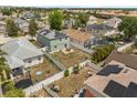 A bird's eye view shows a large backyard, solar panels, a white fence, and a patio great for outdoor relaxing at 429 Rona Ln, Davenport, FL 33897
