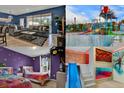 Four-image collage featuring an interior living space, a water park, and two themed bedrooms at 8814 Geneve Ct, Kissimmee, FL 34747
