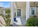 Charming front porch with potted plants and a welcoming wreath on the teal front door at 8778 Peachtree Park Ct, Windermere, FL 34786