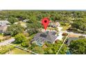 Captivating aerial view showcases the property's pool, solar panels, and serene surroundings at 11401 Willow Stowe Ln, Windermere, FL 34786