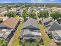 Lovely aerial view of a screened in pool in a neighborhood surrounded by lush green trees and beautiful blue skies at 166 Laurel Ridge Pass, Davenport, FL 33897
