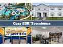 Community collage showing the water park, exterior, bedroom and kitchen of the cozy 5BR Townhome at 3806 Lana Ave, Davenport, FL 33897