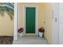 A vibrant green front door is framed by white pillars and planters with bright pink flowers at 9640 Bryanston Dr, Orlando, FL 32827