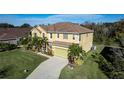 Aerial view of a two-story home featuring a green garage door, mature palms, and a landscaped front yard at 207 Black Springs Ln, Winter Garden, FL 34787