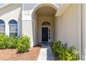 Inviting front entrance with an arched doorway, complemented by lush greenery and mature landscaping at 830 Grand Hughey Ct, Apopka, FL 32712