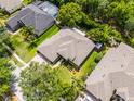 Birds-eye view of a residential neighborhood showcasing lush landscaping, mature trees and a private swimming pool at 224 Bluestone Pl, Casselberry, FL 32707
