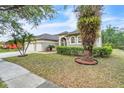 Landscaped front yard of a home with manicured lawn, shrubs, and mature palm trees at 339 Hammock Dunes Pl, Orlando, FL 32828