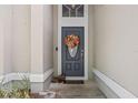 Close-up of a stylish front door with seasonal wreath and decorative pumpkins at 135 Andrews Rd, Sanford, FL 32773