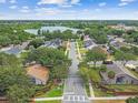 Community aerial view showcasing lush greenery, a serene lake, and well-maintained homes in a desirable neighborhood at 1156 Brandy Lake View Cir, Winter Garden, FL 34787