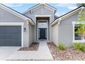 A home's front entrance with a gray garage door and a black front door flanked by neatly arranged landscaping at 119 Argyle Gate Loop Rd, Dundee, FL 33838