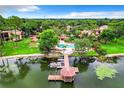 Stunning aerial view of lakefront condos, community pool, lush landscaping, and boat dock at 1111 Salerno Ct # Ge, Orlando, FL 32806