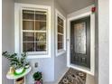 Inviting front entrance with a decorative glass door, sidelight window, and manicured plants at 1772 Garden Sage Dr, Oviedo, FL 32765