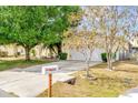 View of the house showing the driveway, partial lawn, and curb with mature trees at 329 Alegriano Ct, Kissimmee, FL 34758