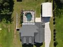 An aerial view of a home highlighting the screened pool, spacious backyard, and detached garage at 2420 Heron Ct, St Cloud, FL 34771