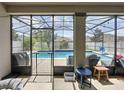 View of screened in pool from covered patio, featuring outdoor seating and string lights perfect for outdoor entertaining at 1706 Leatherback Ln, St Cloud, FL 34771