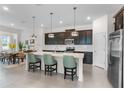 Modern kitchen featuring a large island with seating, stainless steel appliances, and dark cabinetry at 5393 Red Coral Cir, Mount Dora, FL 32757