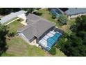 Aerial view of a private screened-in pool and backyard, offering a relaxing outdoor space at 15910 Mercott Ct, Clermont, FL 34714