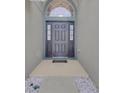 Close-up of a dark-colored front door with sidelights and an arched transom window, creating a welcoming entrance at 9931 Cypress Knee Cir, Orlando, FL 32825