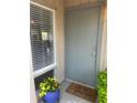 Inviting entryway features a gray front door, a welcome mat, and a planter with bright yellow flowers at 112 Crown Oaks Way # 112, Longwood, FL 32779