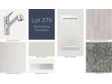 Selection of interior finishes including chrome faucet, white cabinets, wood look tile flooring, and bianco maple countertop at 4283 Campsite Loop, Orlando, FL 32824