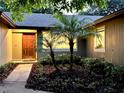 Inviting front entrance with a warm-toned door framed by lush landscaping and accent lighting at 8825 Larwin Ln, Orlando, FL 32817