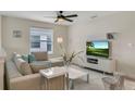 Cozy living room with a comfortable sofa, stylish decor, and a modern entertainment center at 4772 Kings Castle Cir, Kissimmee, FL 34746
