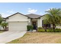 Charming single-story home with a two-car garage, manicured lawn, and a welcoming front entrance at 17500 Butterfly Pea Ct, Clermont, FL 34714