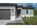 Close-up of the front exterior showing a dark front door flanked by plants and modern outdoor wall lamps at 714 Palmetto Ave, Orange City, FL 32763