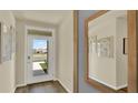 Bright entryway featuring a white door, wood-look floors, and modern decor with a large mirror at 5282 Scrub Mint Ln, Apopka, FL 32712