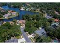 Aerial view of a neighborhood with mature trees and a lake, showcasing the community's serene setting at 4819 Shoreline Cir, Sanford, FL 32771
