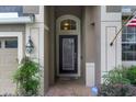 Inviting front entrance with a decorative glass door, sidelights, manicured landscaping, and an outdoor lantern at 23520 San Sebastian Ct, Sorrento, FL 32776